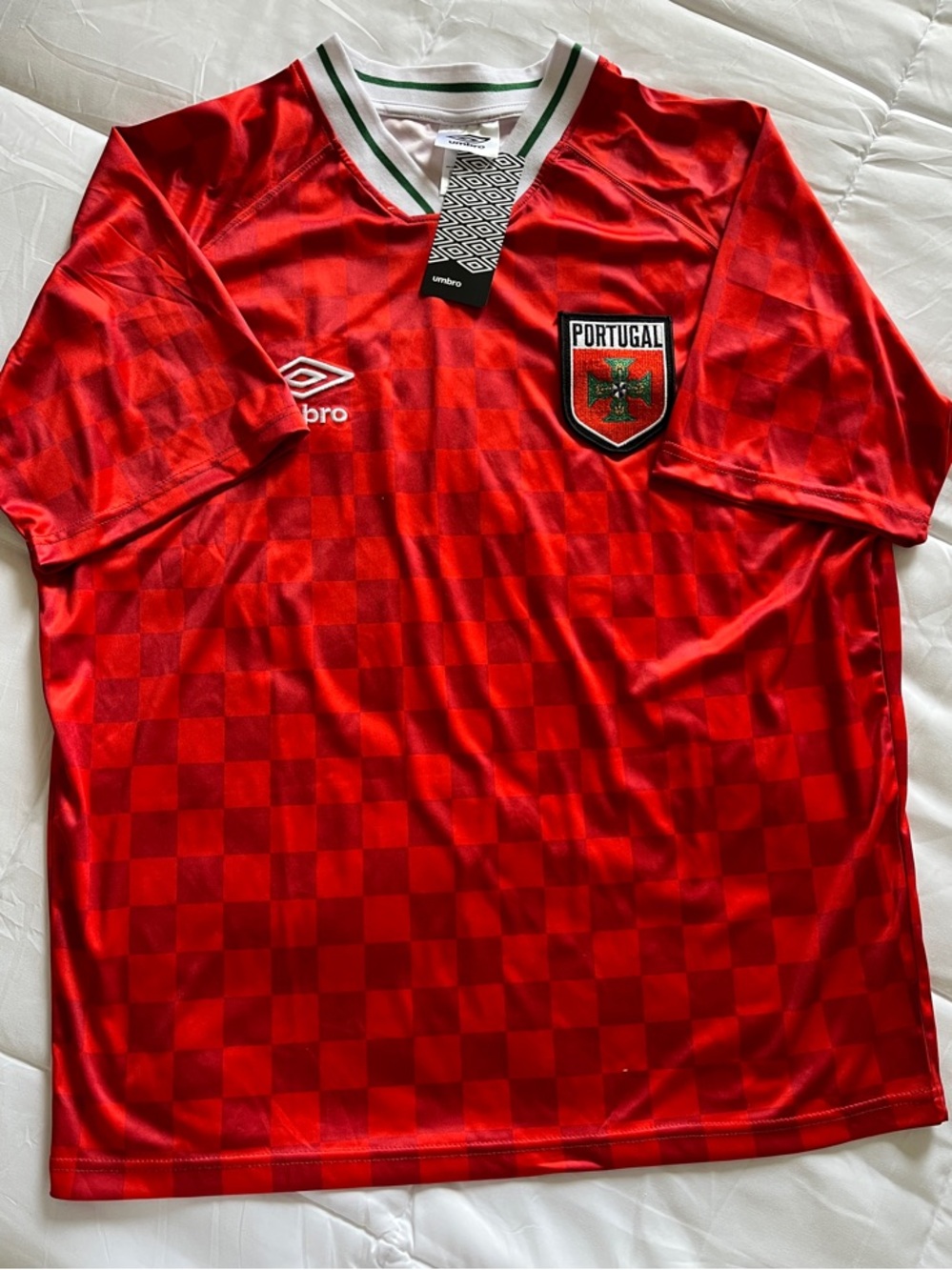 Umbro Red Portugal Soccer Shirt with Green-Trim V-Neck